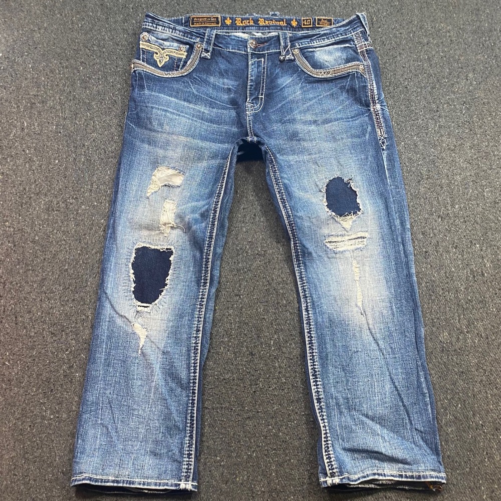 Rock Revival Joel Straight Jeans Sz 40 Mens Blue Distressed Y2K Embroidered Pant